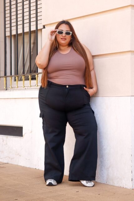 Curva Cargo wide leg de bengalina negro